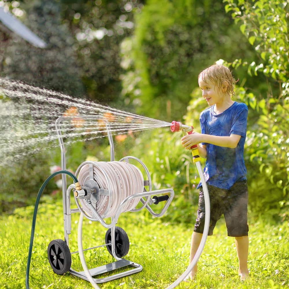 Silver Steel 200 ft. Garden Hose Reel Cart with Manual Crank