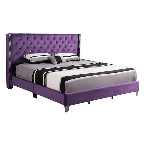 AndMakers Julie Purple Tufted Upholstered Low Profile Queen Panel Bed