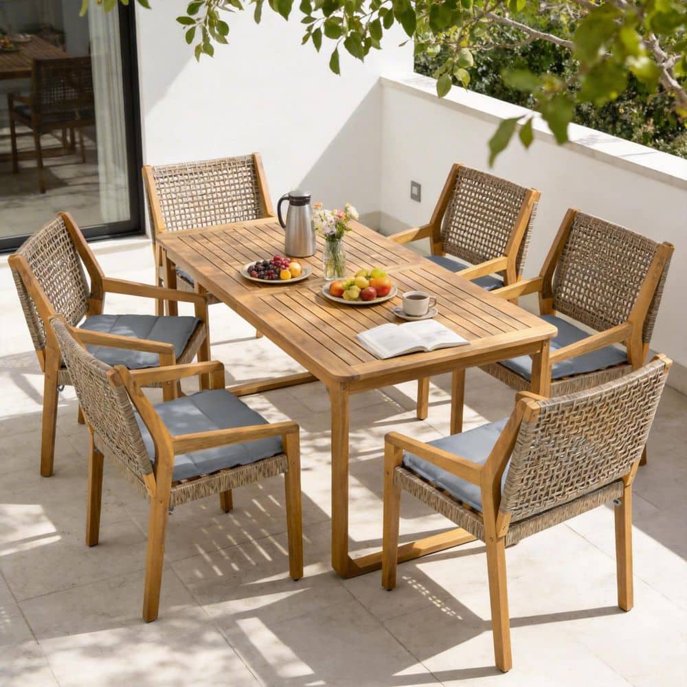 Finley 7-Piece Solid Wood and Wicker Rectangle Patio Outdoor Dining Set with Grey Cushions, Light Teak + Brown