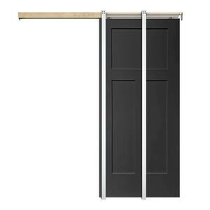 Black 36 in. x 80 in. Painted Composite MDF 3PANEL Interior Sliding Door with Pocket Door Frame and Hardware Kit