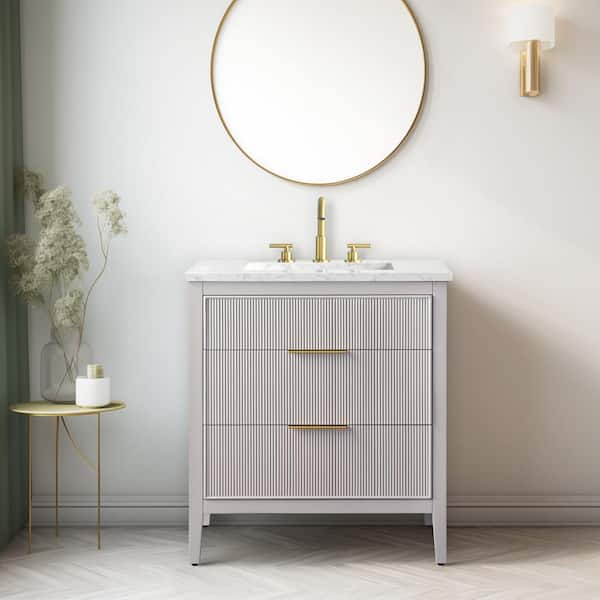 Emma 30 in. W Bath Vanity in Taupe with Engineered Stone Top in Arabescato with White Sink