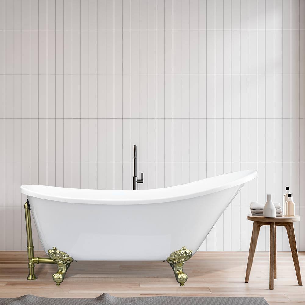 Fandi 64" White Acrylic Clawfoot Soaking Bathtub with Brass Feet
