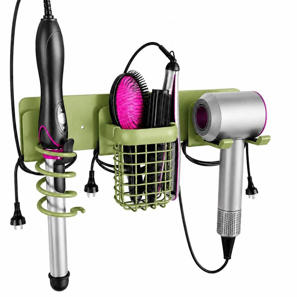 Wall Mounted Aluminum Alloy Hair Tool Organizer with Built-In Cord Wrap Green Finish