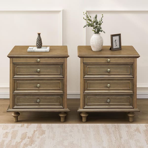Xorlen Farmhouse Light Brown 4 Drawers Wood Nightstands, Storage Side End Table, Set of 2