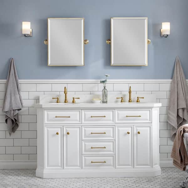 Palace 60 in. W x 22 in. D x 34 in. H Double Sink Bath Vanity in Pure White with Carrara White Quartz Top and Faucets