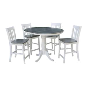 Laurel 5-Piece 36 in. White/Heather Gray Extendable Solid Wood Counter Height Dining Set with San Remo Stools