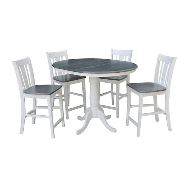 International Concepts Laurel 5-Piece 36 in. White/Heather Gray Extendable Solid Wood Counter Height Dining Set with San Remo Stools