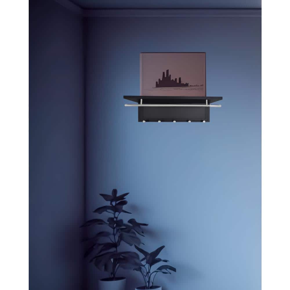 Black Metal Wall Mounted Shelf with Chrome Hooks