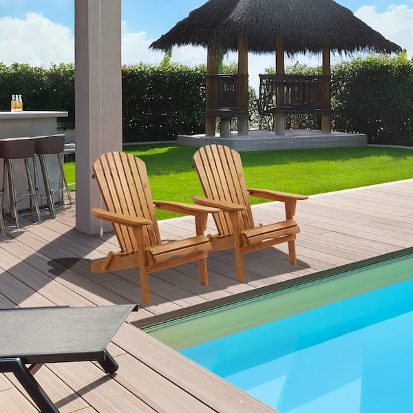 Casafield Light Brown Wood Natural Wooden Folding Adirondack Chairs (Set of 2)