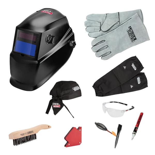 Matte Black Welding Kit with Auto Darkening 9-13 Helmet, Gloves, Brush, Magnets, Doo Rag, Sleeves, Safety Glasses