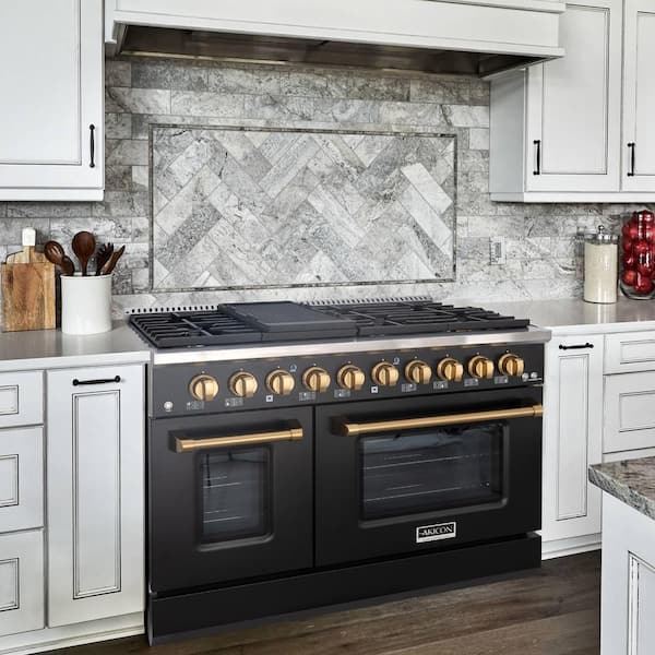 48in. 8 Burners Freestanding Gas Range in Black and Gold with Convection Fan Cast Iron Grates and Black Enamel Top