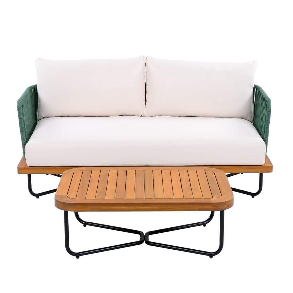 Eudoxie 2-Piece Solid Wood Patio Conversation Set with Green Rope and Beige Cushions price history on PriceWatchPro