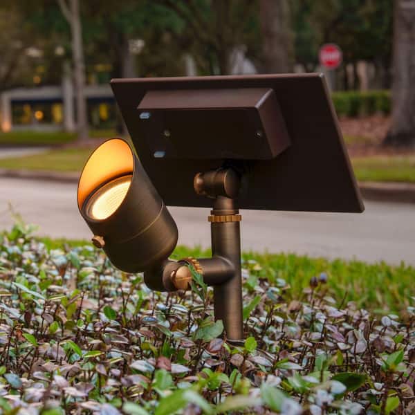 205 Lumen Brass Bronze Solar Integrated LED Landscape Spot Light with Attached Panel