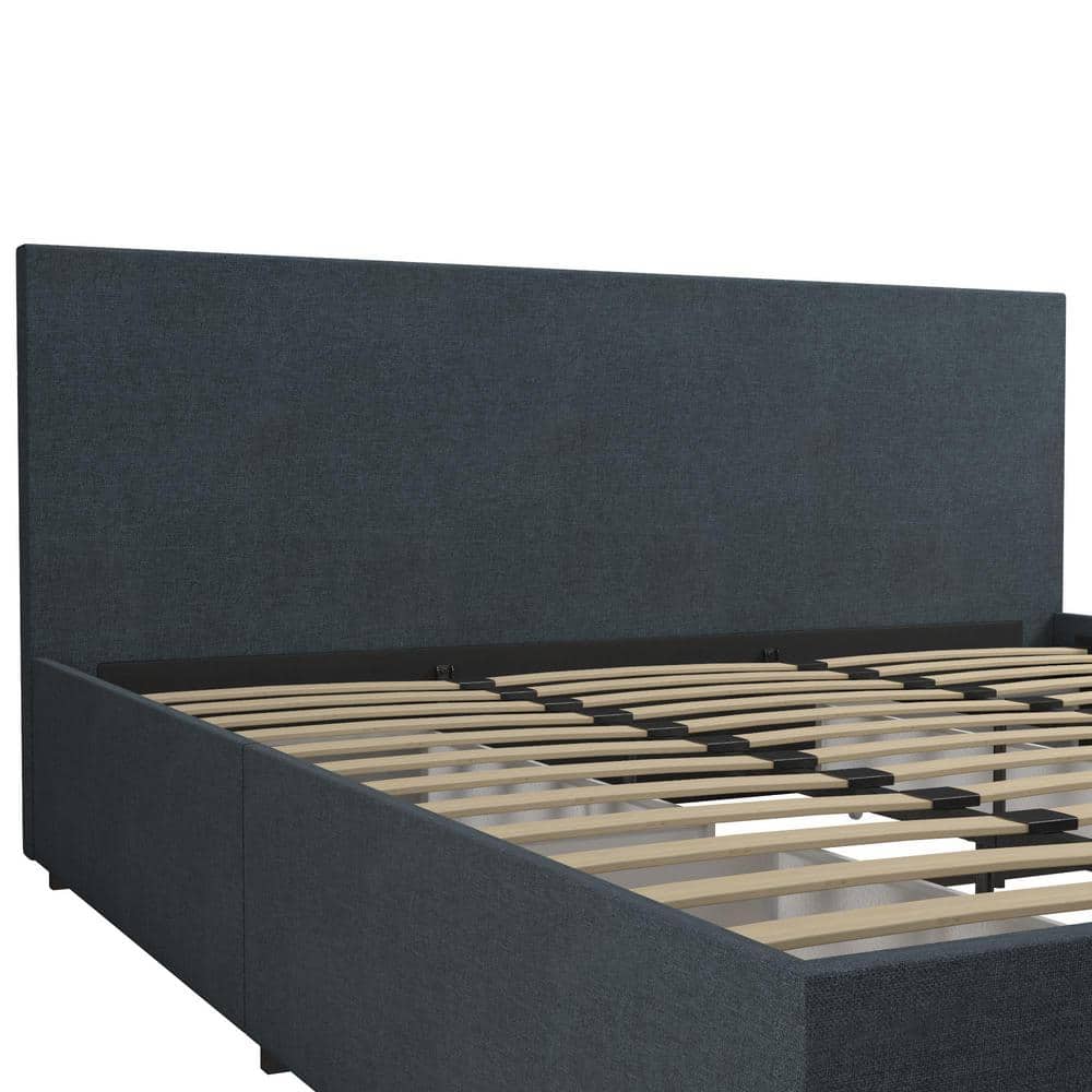 Navy Blue King Linen Upholstered Storage Bed with Tufted Headboard