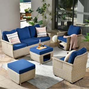 Sierra Beige 5-Piece Wicker Outdoor Patio Conversation Sofa Seating Set with Pet House/Bed and Navy Blue Cushions