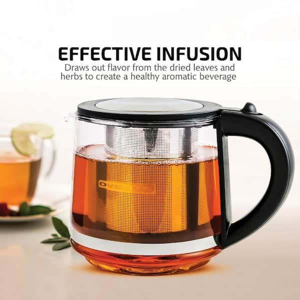 OVENTE 1.7 L Electric Glass Kettle, Prontofill Tech, Portable Kettle KG733S  + Glass Tea Pot Infuser 