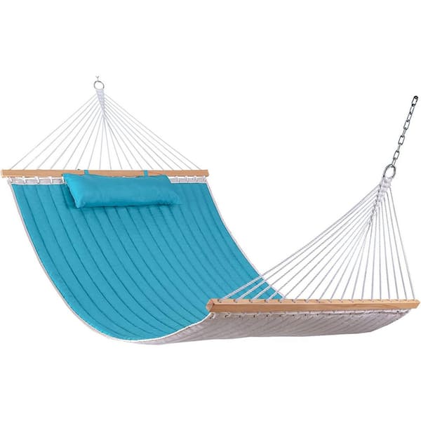 Unbranded 12 ft. 2 Person Quilted Fabric Hammock with Spreader Bar, Pillow and Chains (Blue)
