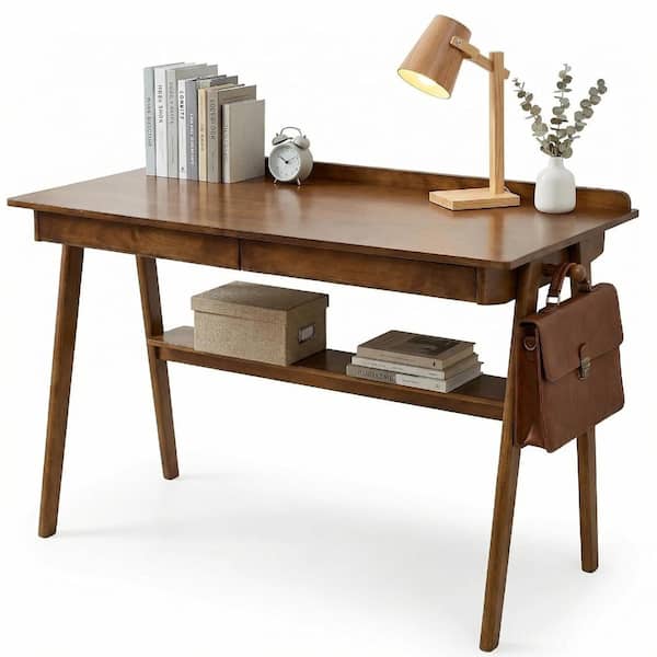 47.24 in. Rectangular Walnut Solid Wood 2-Drawer Desk with Storage Shelf and Side Hooks durable construction