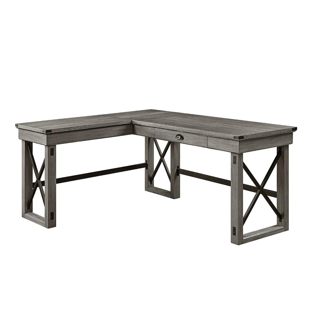 Weathered Gray Corner Writing Desk with USB and Filing Cabinet