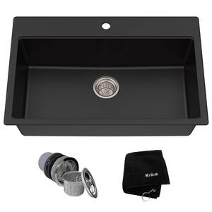 Drop-in/Undermount Granite Composite 31 in. 1- Hole Single Bowl Kitchen Sink Kit in Black