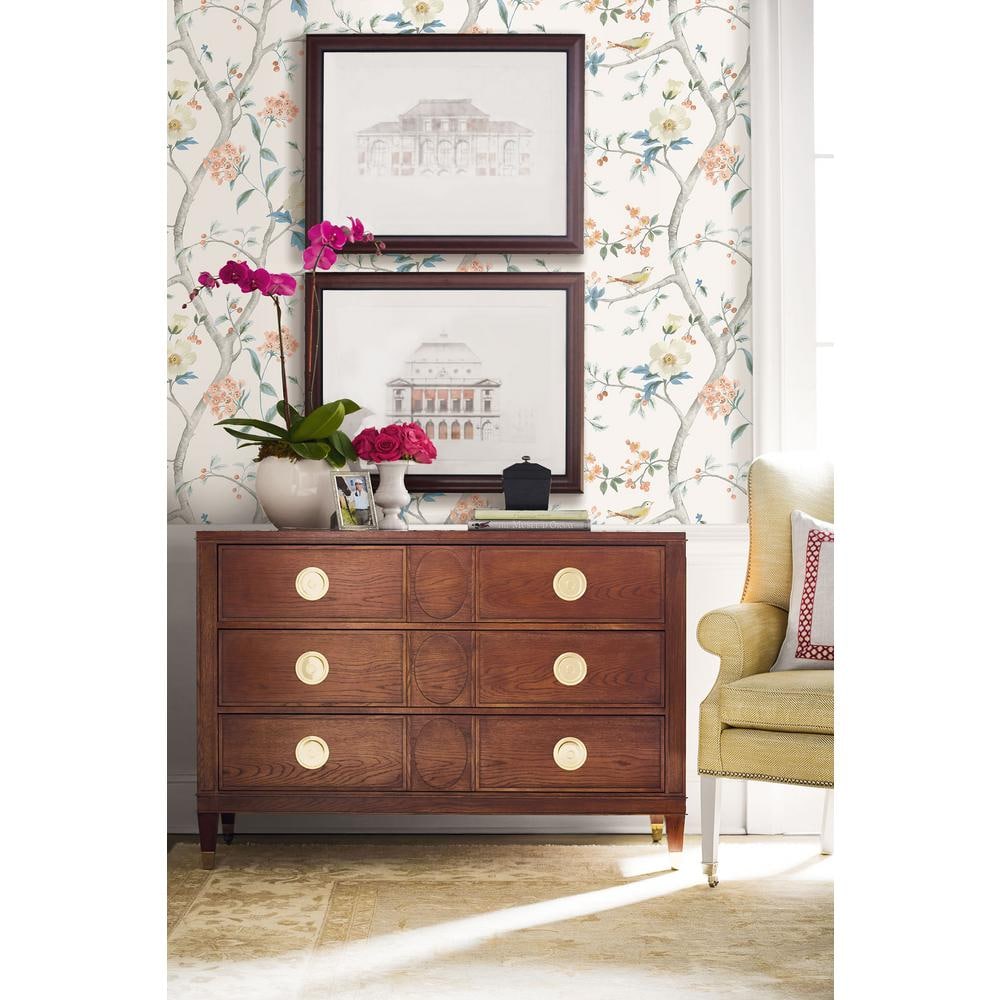 Southport Floral Eggshell Melon and Blue Vinyl Wallpaper