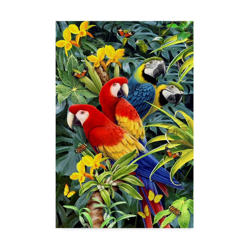 Colorful Parrots in Tropical Flowers Canvas Art