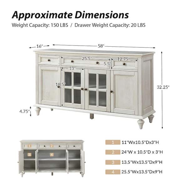 JAYDEN CREATION Nikolaj White 58 in. W 3 Drawer Sideboard with