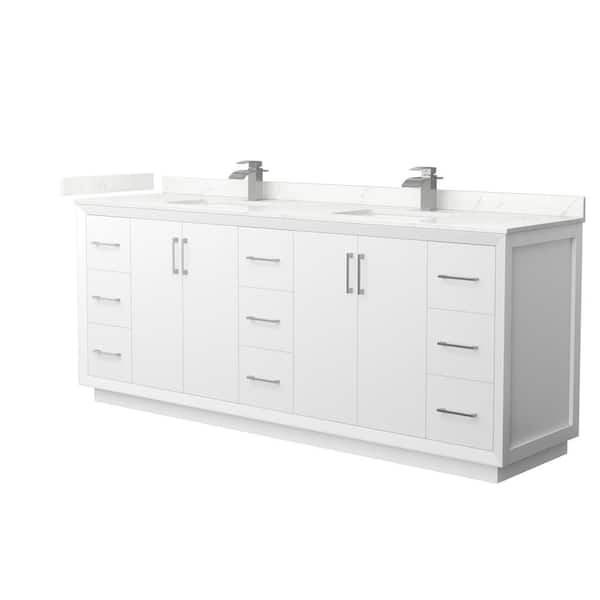 Wyndham Collection Strada 84 in. W x 22 in. D x 35 in. H Double Bath Vanity in White with Giotto Quartz Top