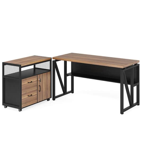 Lanita 55.1 in L Shaped Desk Brown Engineered Wood 2 Drawer Computer Desk with File Cabinet