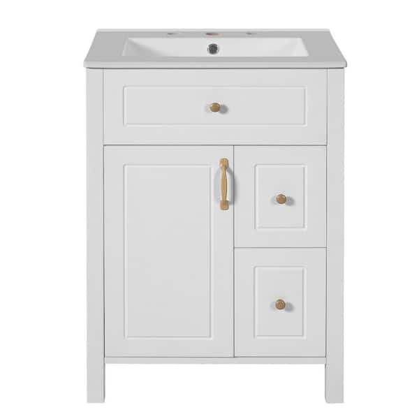 24 in. W Single Sink Bath Vanity in White with White Ceramic Top, 2-Drawers and Double Storage Racks