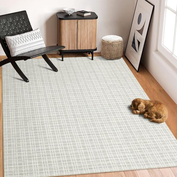 Modern Green, 5 ft. x 7 ft. Geometric Indoor Non-Slip Carpet Machine Washable Carpet Low Pile Foldable Carpet Area Rug