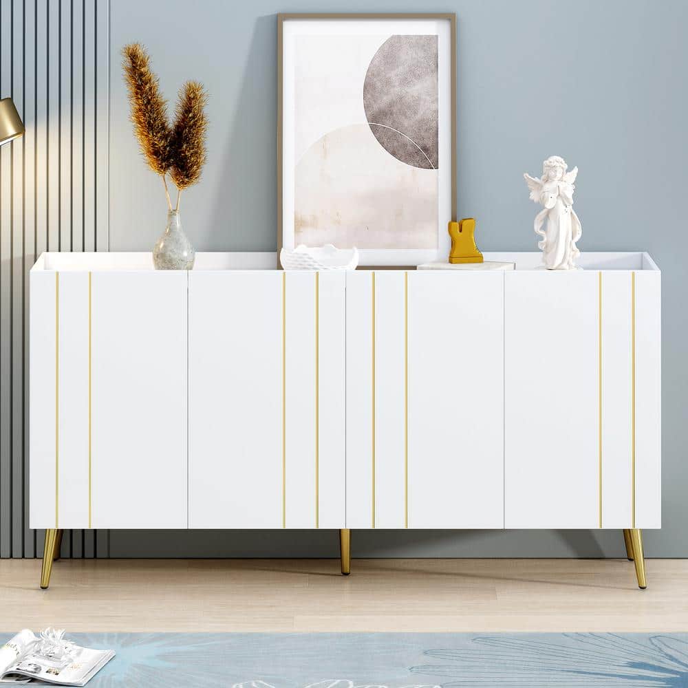 White MDF Top 62.9 in. W Sideboard Cabinet with 4 Adjustable Shelves and 5 Metal Legs