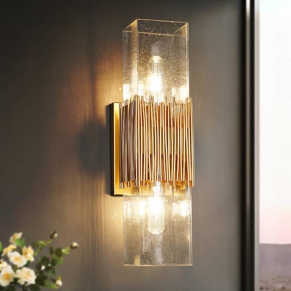 Polmbafee 4.7 in. 2-Light Gold Vanity Light with Rectangle Seeded Glass Shades and No Bulb Included
