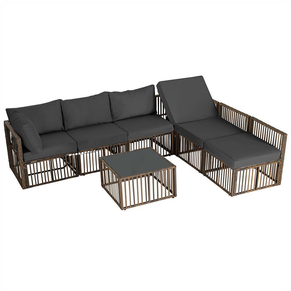 7-Piece Brown Wicker Outdoor Sectional Set with Gray Cushions and Table for Garden and Patio price history on PriceWatchPro