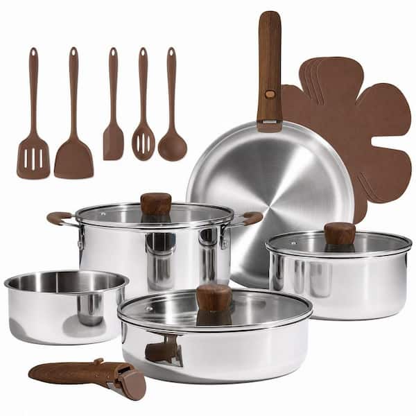19-Piece Stainless Steel Cookware Set with Detachable Handle, Pots and Pans Set, RV/Camping Cookware, Oven Safe