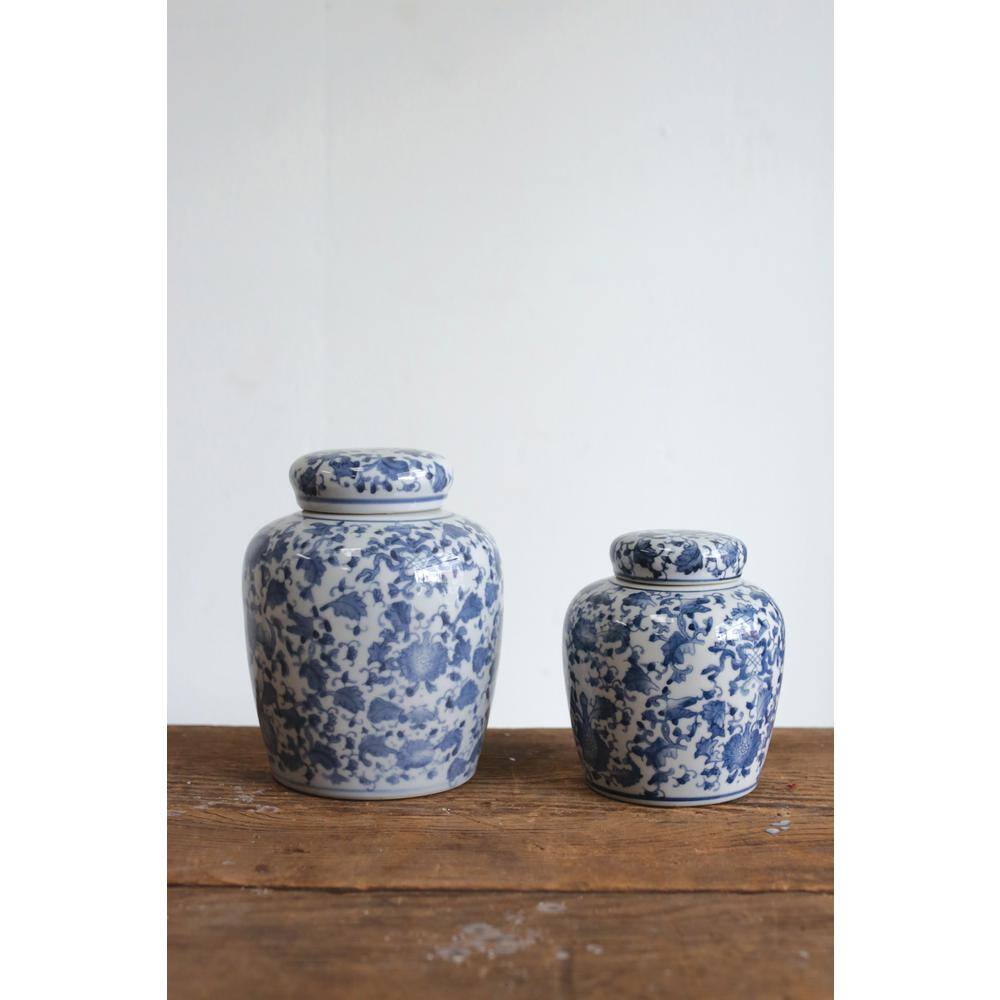Blue and White Floral Ceramic Ginger Jar with Lid