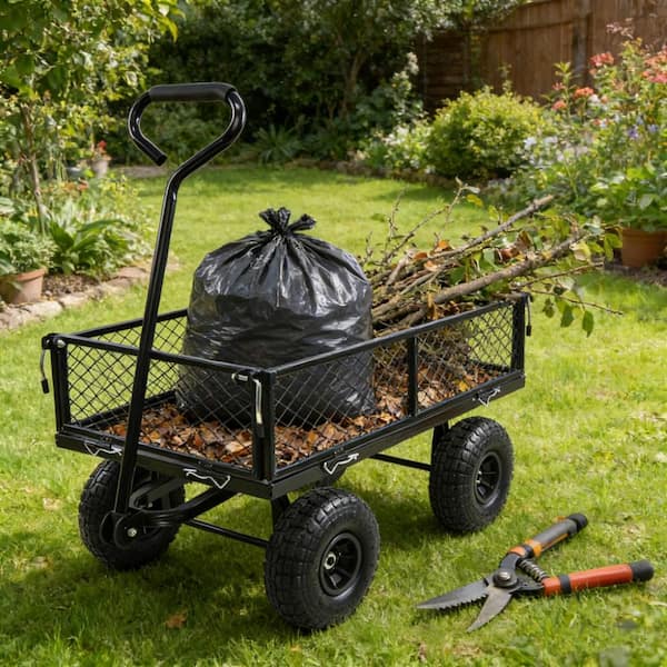 4 cu. ft. Black Metal Wagon Cart Garden Cart