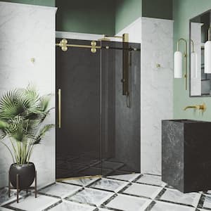 Elan 68 to 72 in. W x 74 in. H Sliding Frameless Shower Door in Matte Brushed Gold with 3/8 in. (10mm) Black Tint Glass