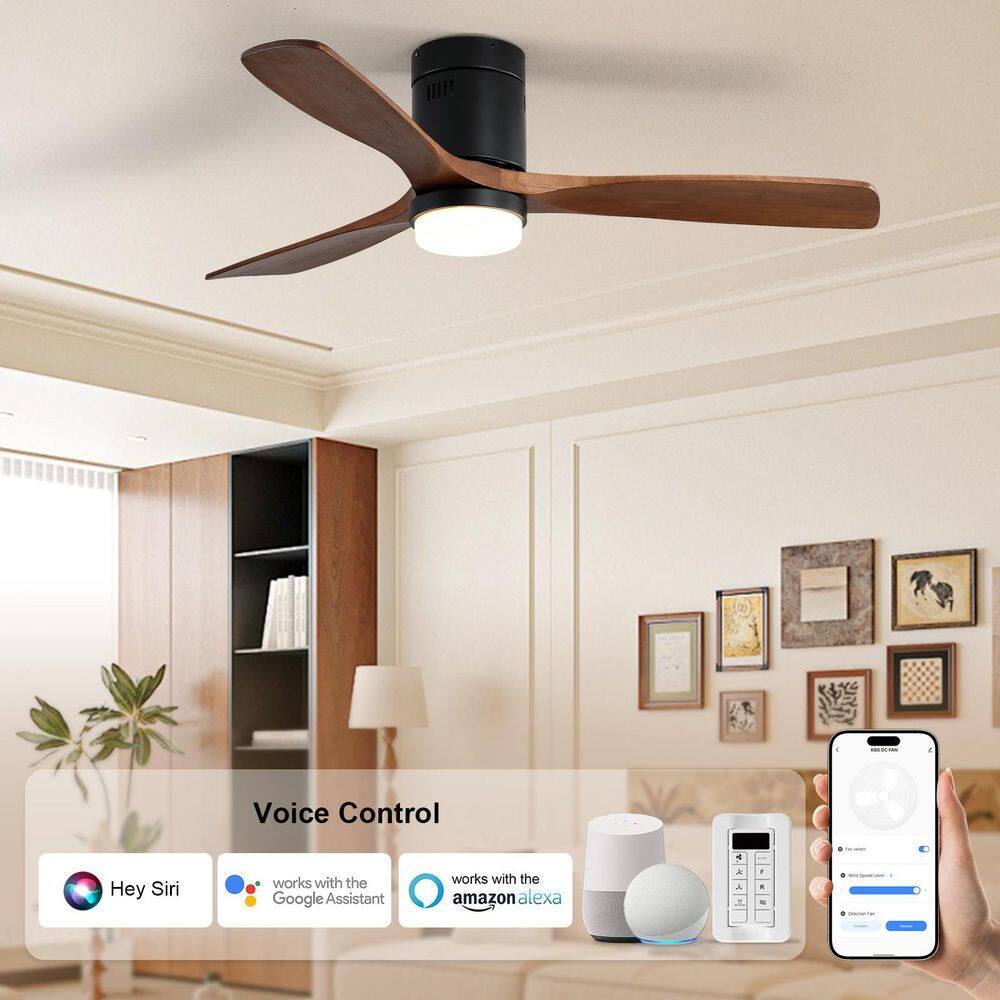52 in. Standard Indoor/Outdoor Matte Black Flush Mount Brown Wood Blade Smart Ceiling Fan with Light Kits and Remote&APP price history on PriceWatchPro