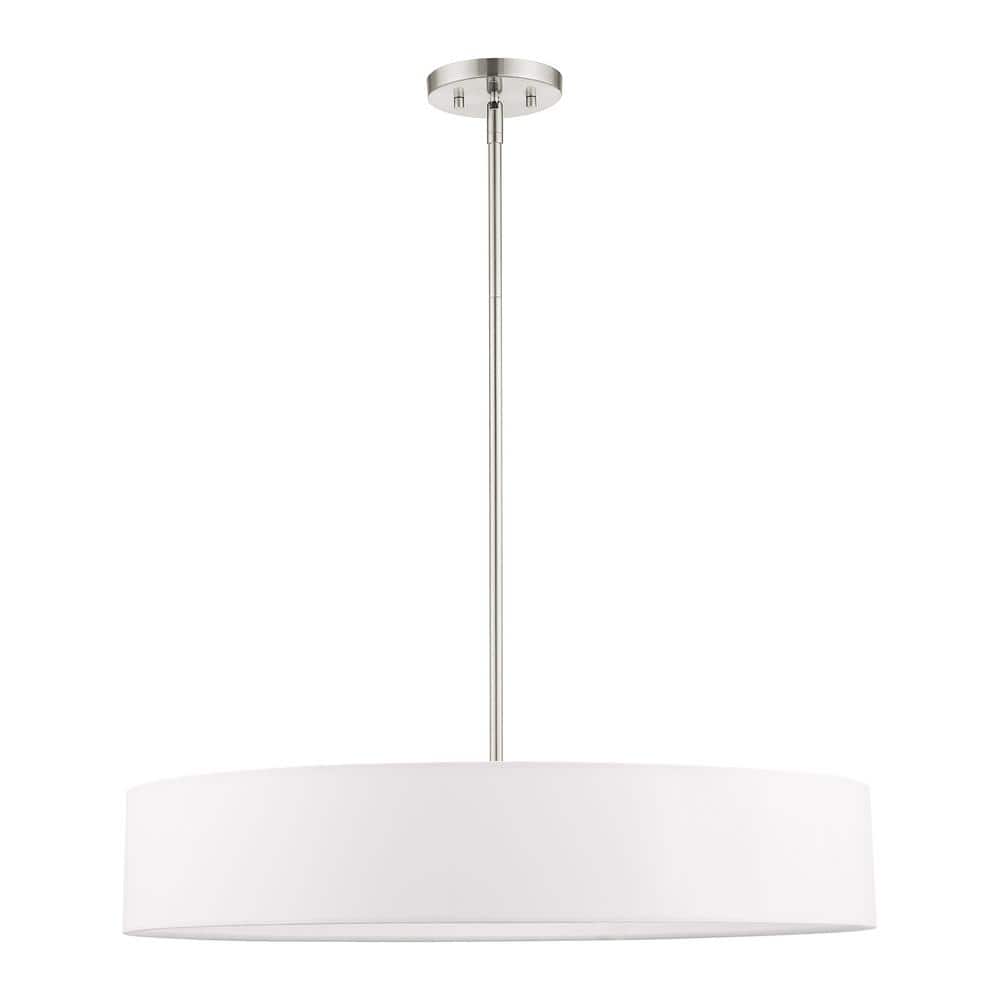 Elegant Brushed Nickel 5-Light Drum Pendant with Crystal Accents and Off-White Shade