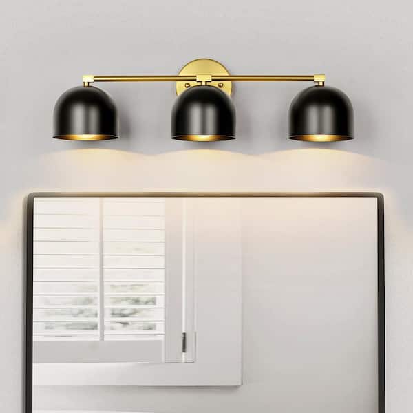 RRTYO Hibner 23.6 in. 3-Light Retro Black with Brushed Gold Finish Linear Dome Bathroom Vanity Light with Metal Shade
