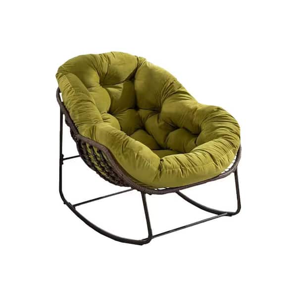 Sudzendf 1-Piece Metal Rattan Outdoor Rocking Chair Rocker Recliner Chair with Olive Green Cushion