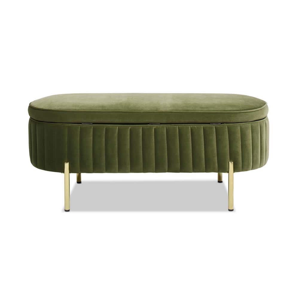 Olive Green Velvet Storage Bench with Gold Legs