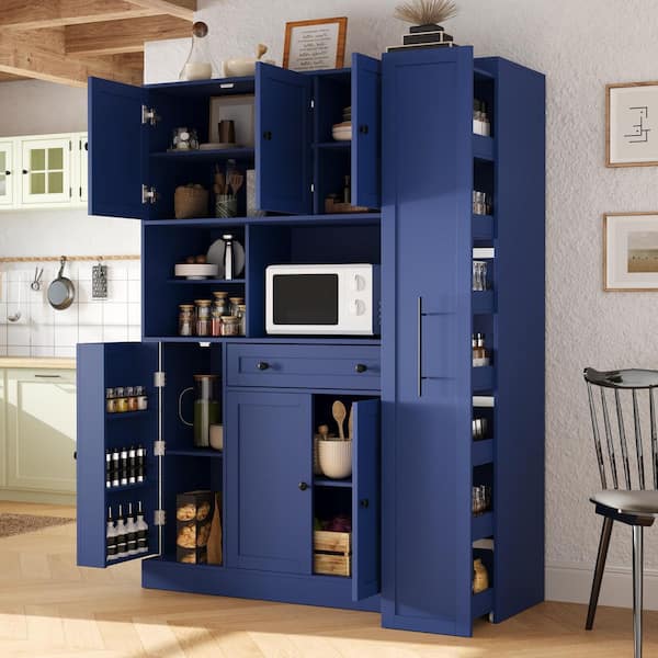 Blue 70 in. H Accent Storage Cabinet with Hutch, Large Kitchen Pantry Organizers with Pull-Out Side Cabinet, Shelves