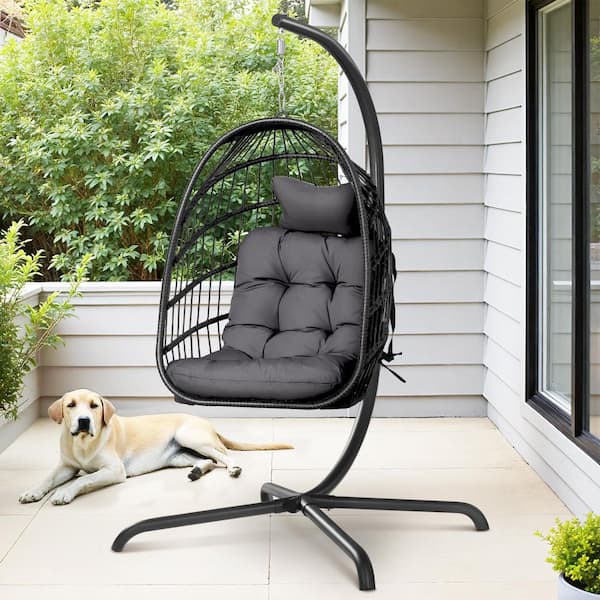 1-Person 350 lbs. Capacity Foldable Gray Wicker Egg Porch Swing Chair with Steel Stand and Dark Gray Cushion for Patio
