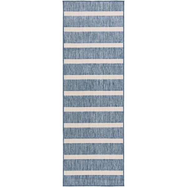 Positano Navy Ivory 2 ft. x 12 ft. Stripes Contemporary Runner Area Rug