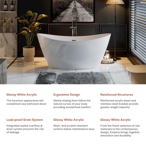 67 in. Acrylic Flatbottom Not Whirlpool Freestanding Bathtub - Deep Soaking Tub in White