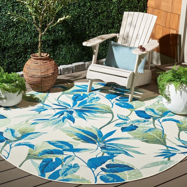 Barbados Ivory/Blue 7 ft. x 7 ft. Botanical Leaf Round Indoor/Outdoor Area Rug