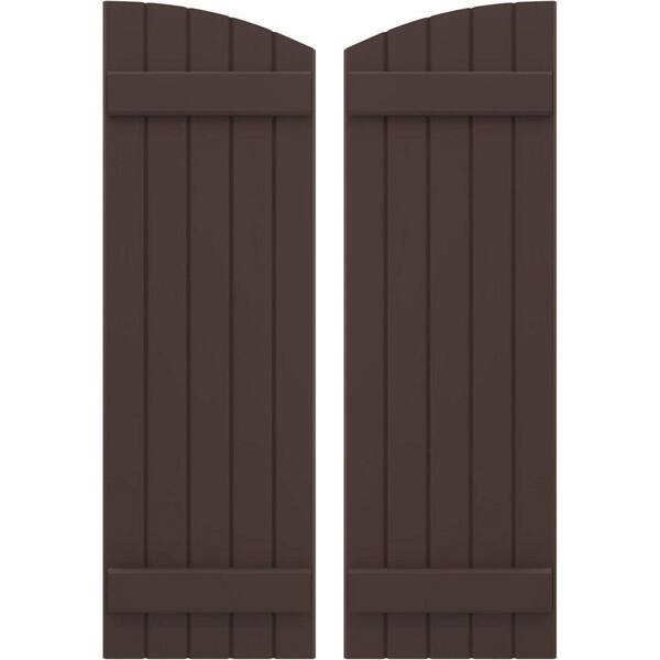 Ekena Millwork 17-1/2 in. W x 76 in. H Americraft Exterior Real Wood Joined Board and Batten Shutters with Elliptical Top Raisin Brown