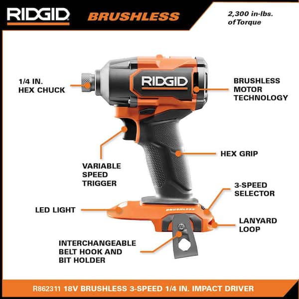 RIDGID 18V Cordless 2-Tool Combo Kit with Brushless 3-Speed 1/4 in. Impact Driver and Cordless Digital Inflator (Tools Only)